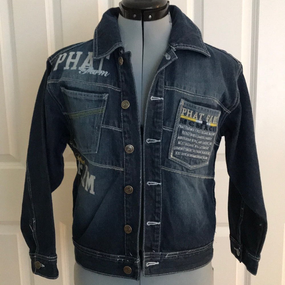 Vintage 1990’s Phat Farm Blue Denim Jean Jacket with White Embroidery S